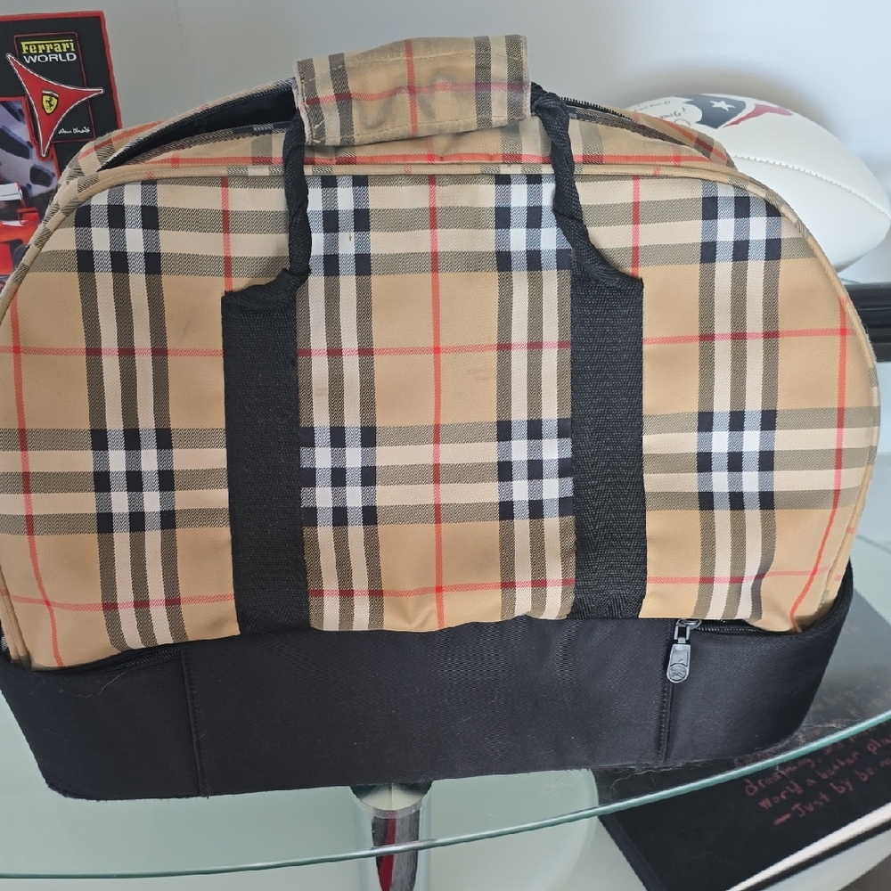 Burberry Tan and Black Checkered Travel Bag With Bottom Luggage Compartment
